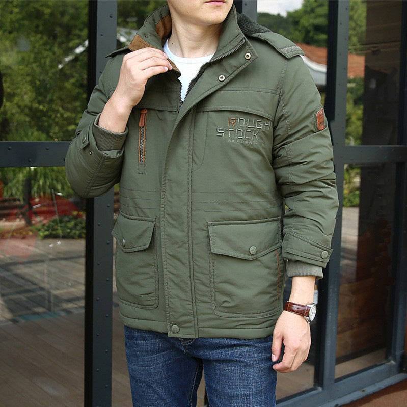 Winter men's thick cotton jacket with added fleece medium to long length warm plus large size multi pocket cotton jacket