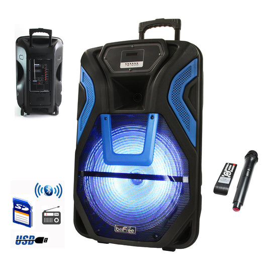 BEFREE SOUND 15-inch rechargeable Bluetooth portable party speaker with SD, FM, and USB inputs, ideal for outdoor events.
