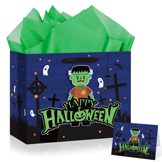 Halloween Zombie Gift Bag Halloween Birthday Favor Bag with Tissue Paper and Card Halloween 3D Zombie-Themed Candy Bag Halloween Wrapping Cartoon Paper for Trick or Treat Halloween Zombie Party Supplies
