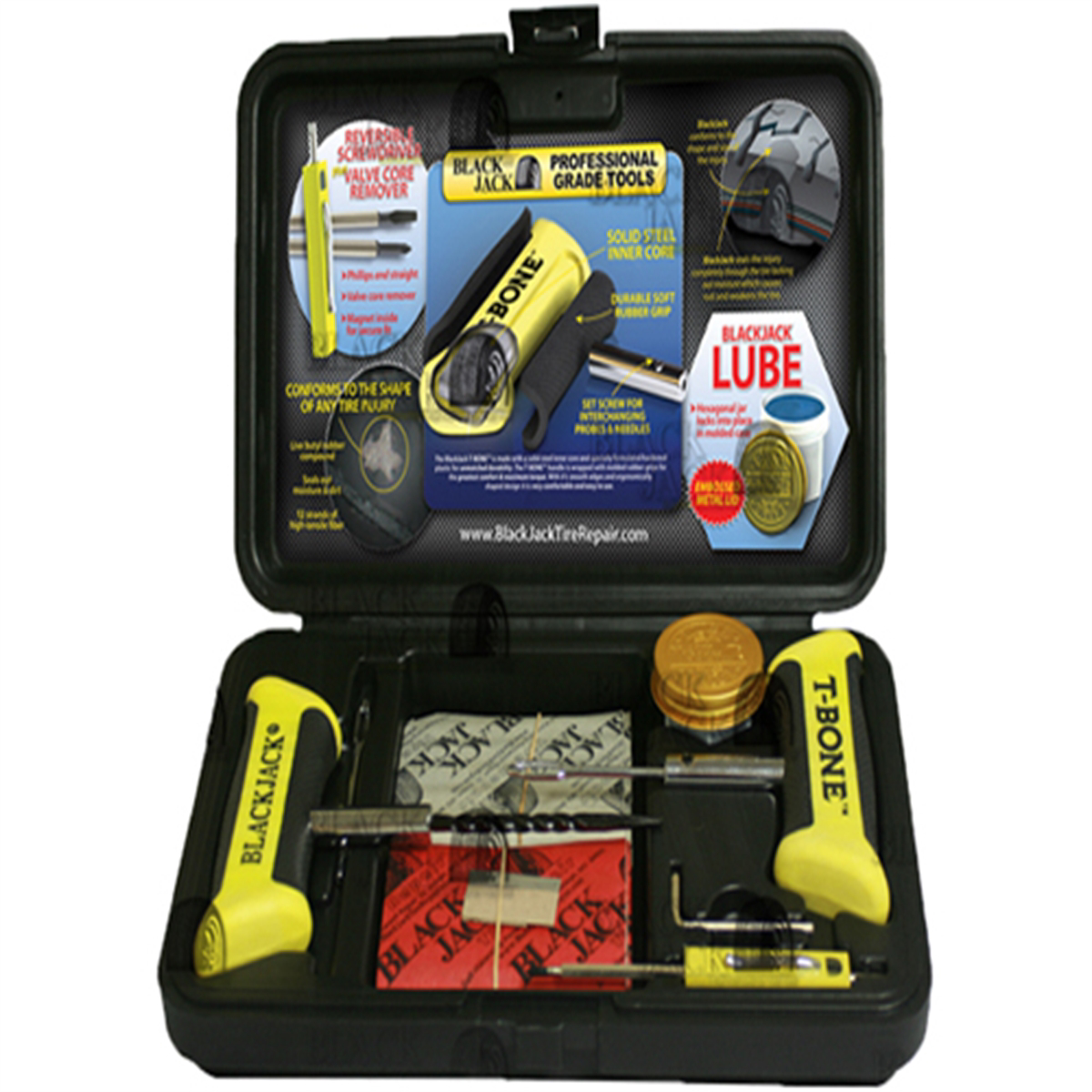 BlackJack Tire Supplies T-BONE tire repair kit with tools and patches for quick, reliable flat tire repairs.