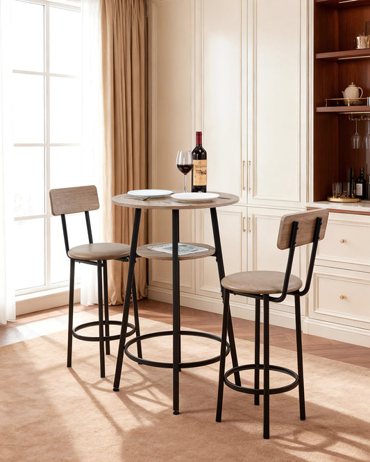 Bar Table, 3PCS 23.5 Bars Tables Set, Bar Tables and Chair Set with Rounded Corner Design, Round Pub Table with Two Stools for Office Desk, Breakfast Corner, Mini Bars, Light Gray, Black - American Smart