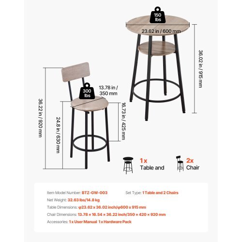 Bar Table, 3PCS 23.5 Bars Tables Set, Bar Tables and Chair Set with Rounded Corner Design, Round Pub Table with Two Stools for Office Desk, Breakfast Corner, Mini Bars, Light Gray, Black - American Smart