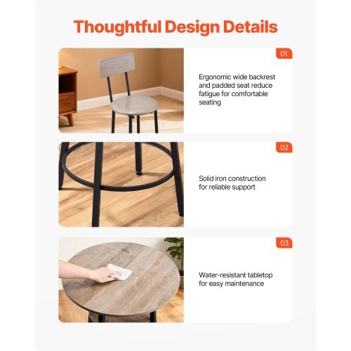 Bar Table, 3PCS 23.5 Bars Tables Set, Bar Tables and Chair Set with Rounded Corner Design, Round Pub Table with Two Stools for Office Desk, Breakfast Corner, Mini Bars, Light Gray, Black - American Smart