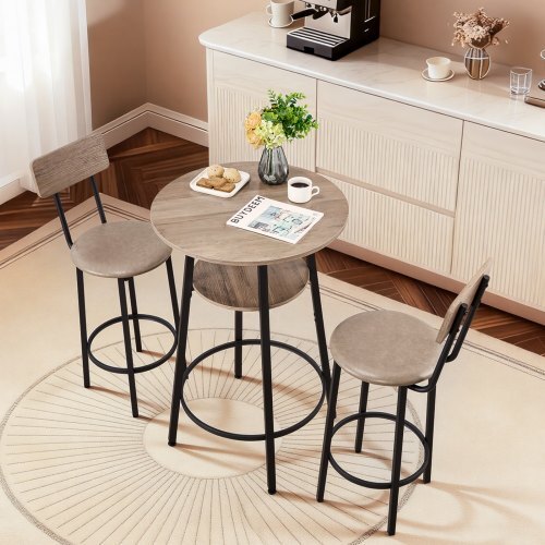 Bar Table, 3PCS 23.5 Bars Tables Set, Bar Tables and Chair Set with Rounded Corner Design, Round Pub Table with Two Stools for Office Desk, Breakfast Corner, Mini Bars, Light Gray, Black - American Smart