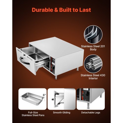 Commercial Electric Drawer Warmer, Single-Drawer Stainless Steel Food Warmer, Freestanding Standard Warming Drawer Cabinet, 85F185F Wide Temperature Range, for Restaurant, Hotel & Bakery