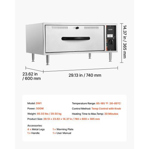 Commercial Electric Drawer Warmer, Single-Drawer Stainless Steel Food Warmer, Freestanding Standard Warming Drawer Cabinet, 85F185F Wide Temperature Range, for Restaurant, Hotel & Bakery