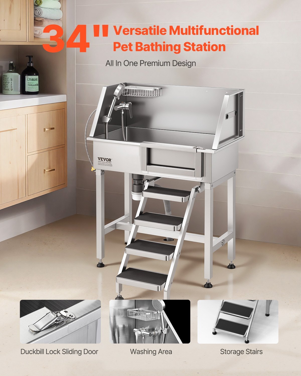 Stainless steel 34-inch dog washing station with shower, faucet, soap holder, non-slip stairs, and easy-clean design for small pets.