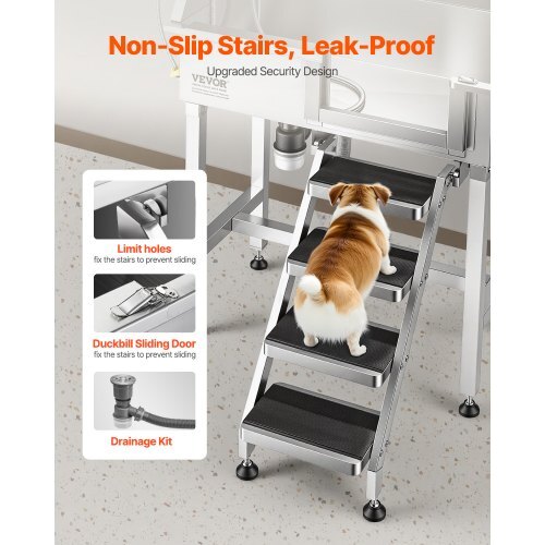 Stainless steel 34-inch dog washing station by VEVOR with shower, faucet, soap holder, non-slip stairs, and easy-clean design for small pets