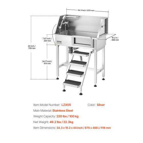 Stainless steel 34-inch dog washing station with shower, faucet, soap holder, non-slip stairs, and easy-clean design for small pets.