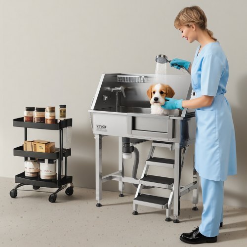 Stainless steel VEVOR 34" dog washing station with shower, faucet, soap holder, non-slip stairs, and easy-clean design for small pets