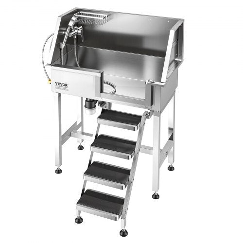 Stainless steel 34-inch VEVOR dog washing station with shower, faucet, soap holder, non-slip stairs, and easy-clean design for small pets.