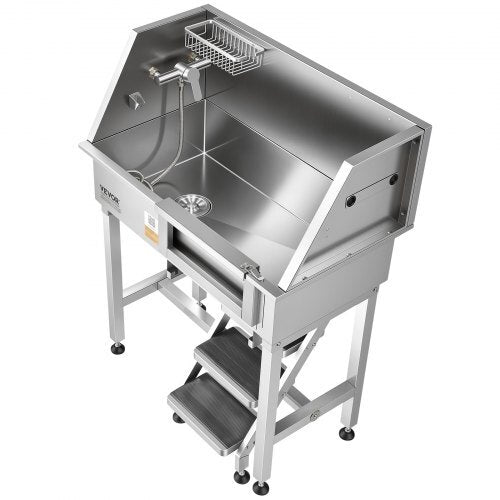 Stainless steel 34-inch dog washing station with shower, faucet, soap holder, non-slip stairs, for small pets and cats by VEVOR