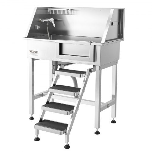Stainless steel 34-inch dog washing station with shower, faucet, soap holder, non-slip stairs, and easy-clean design for small pets.