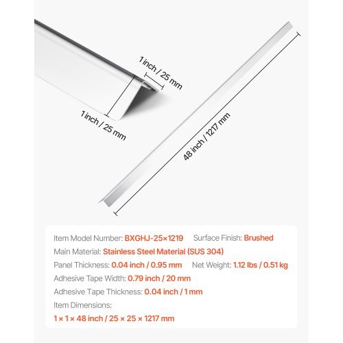 Stainless Steel Wall Corner Protector, 1 x 1 x 48 inch, 10 Pack Metal Corner Guards, 304 Stainless Steel Edge Trim 90-Degree Angle for Home,Office,Commercial Wall Protection, with 3m Tape