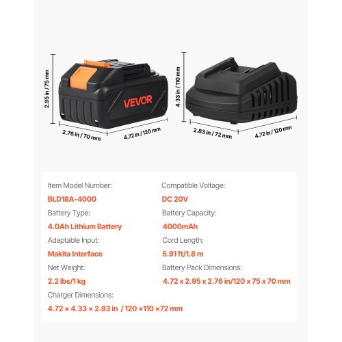 20V MAX, Portable Battery and Charger Combo, AC 110V, 4.0 Ah Lithium-Ion Battery Pack, 4000 mAh Large Capacity, Extended Runtime, Compatible with Series Tools, for Replacement and Fast Charging