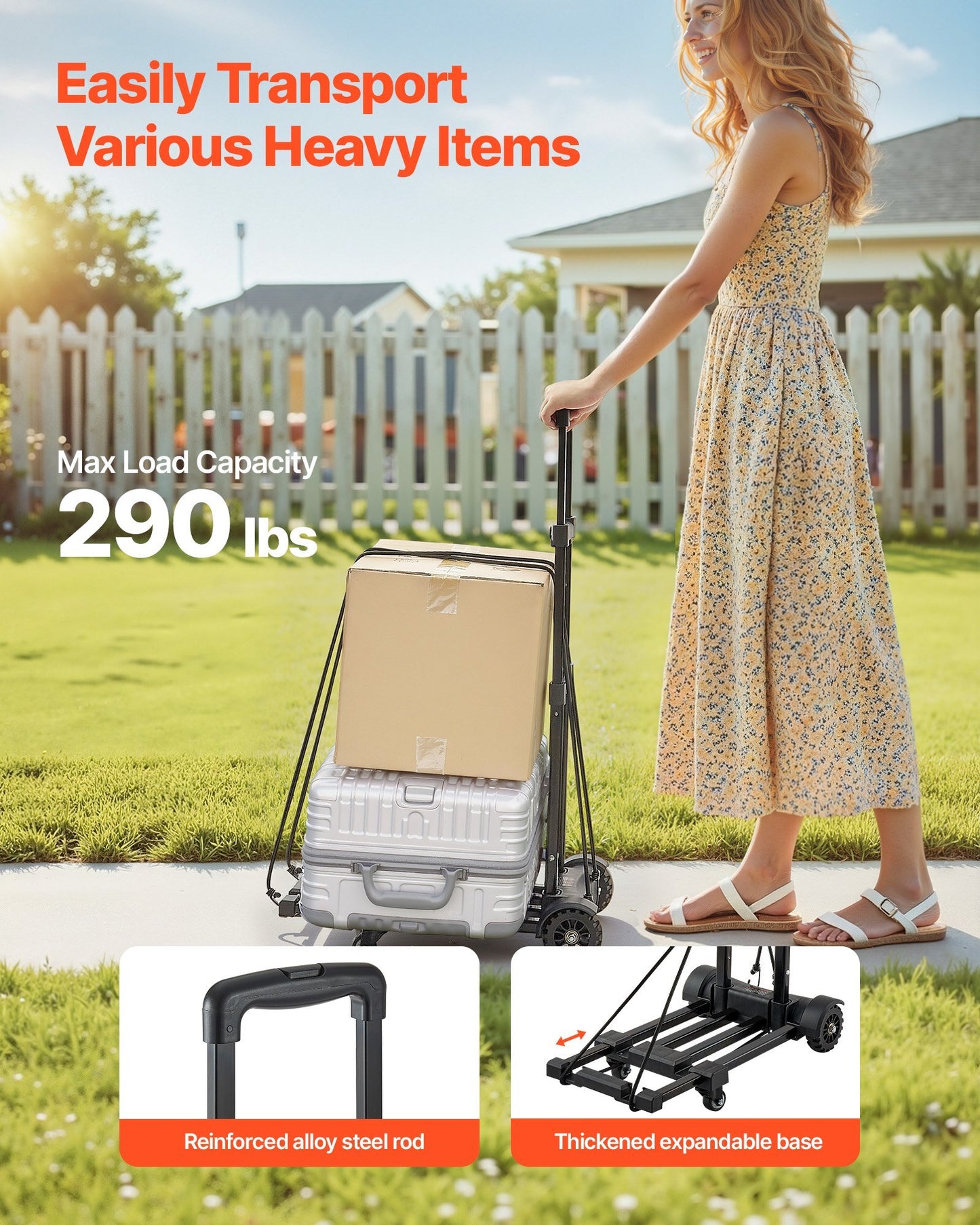 Folding Hand Truck, 290 lbs Load Capacity, Collapsible Luggage Cart with 4 Wheels, 2 Elastic Ropes & Expandable Base, Utility Dolly Platform Cart for Airport Travel Luggage Office Moving, Black - American Smart