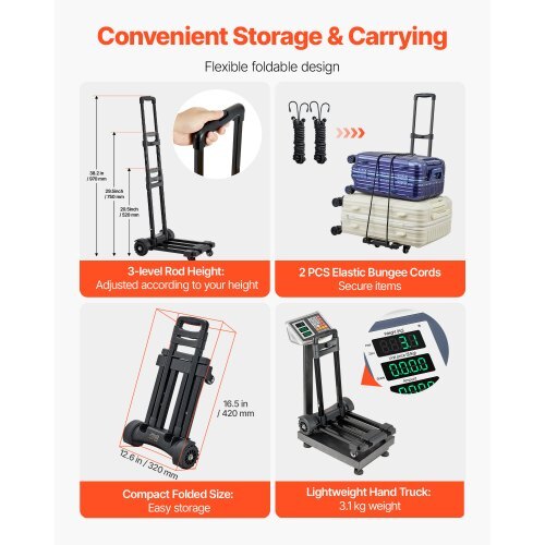 Folding Hand Truck, 290 lbs Load Capacity, Collapsible Luggage Cart with 4 Wheels, 2 Elastic Ropes & Expandable Base, Utility Dolly Platform Cart for Airport Travel Luggage Office Moving, Black - American Smart