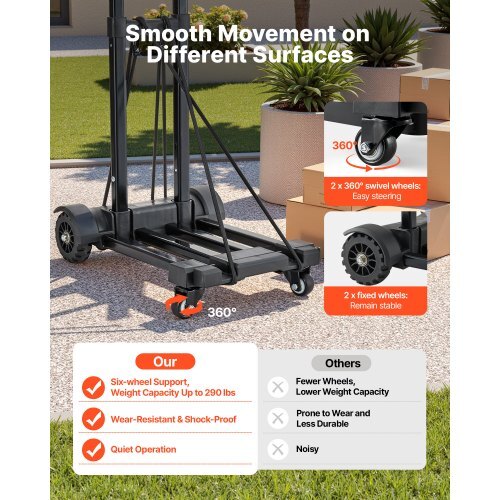Folding Hand Truck, 290 lbs Load Capacity, Collapsible Luggage Cart with 4 Wheels, 2 Elastic Ropes & Expandable Base, Utility Dolly Platform Cart for Airport Travel Luggage Office Moving, Black - American Smart