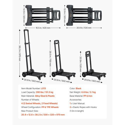 Folding Hand Truck, 290 lbs Load Capacity, Collapsible Luggage Cart with 4 Wheels, 2 Elastic Ropes & Expandable Base, Utility Dolly Platform Cart for Airport Travel Luggage Office Moving, Black - American Smart