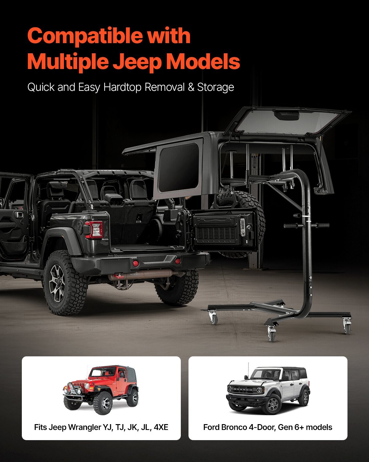 Hard Top Remover Lift, 200 lbs, Jeep Hardtop Removal and Storage System, Easy One-Person Operation, Compatible with Jeep Wranglers 2 & 4 Door YJ, TJ, JK, JL & 4XE and Ford Bronco 4 Door & 6 Gen+