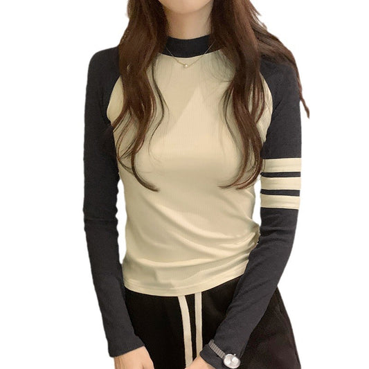 Color-blocked Shoulder Sleeve Short Crop Long Sleeve T-Shirt for Women