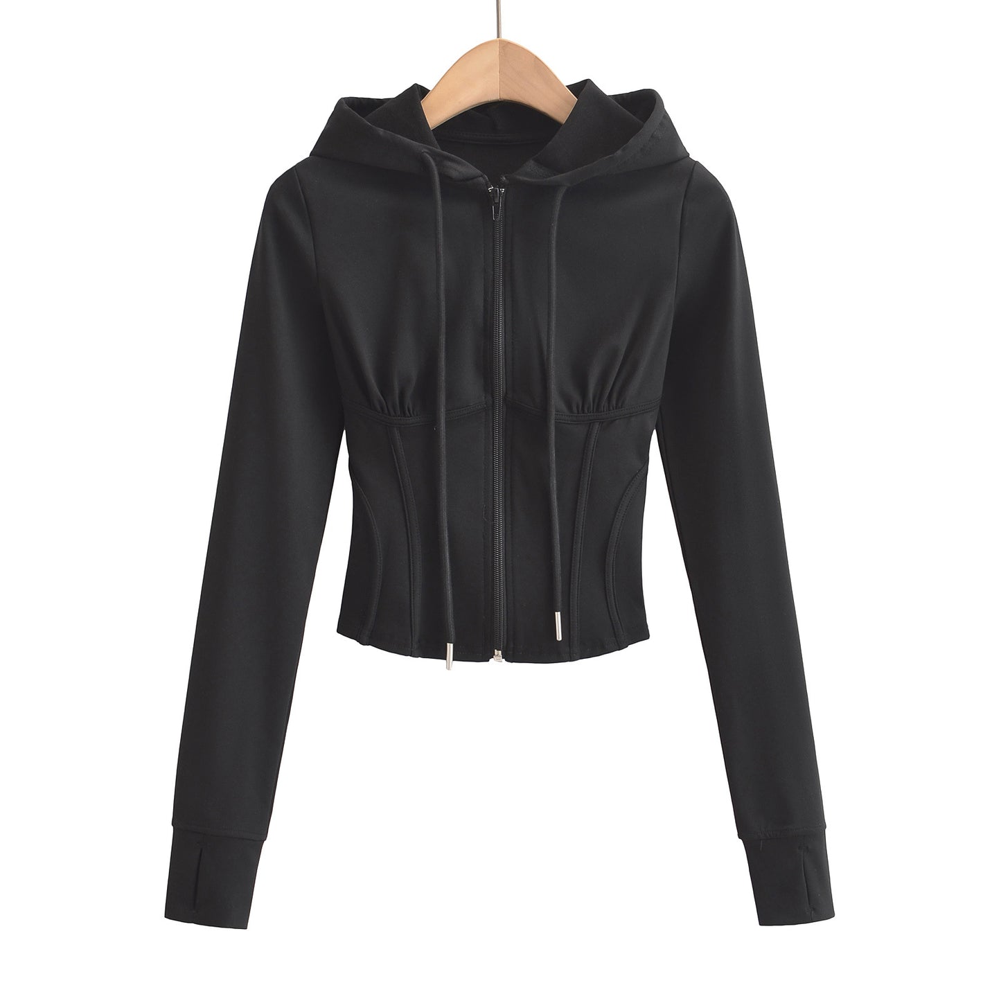 Slim fit drawstring hooded zipper top - American Smart