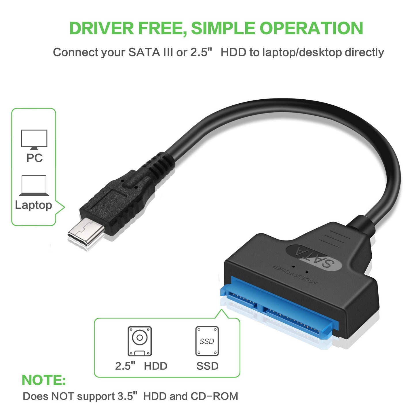 Type-C to SATA 2.5-inch portable hard drive converter with easy drive cable