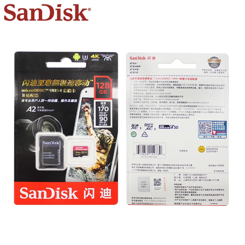 SanDisk Extreme Pro micro SD card with SD adapter, up to 170MB/s speed, 64GB or 128GB capacity, A2 V30 U3 storage card.
