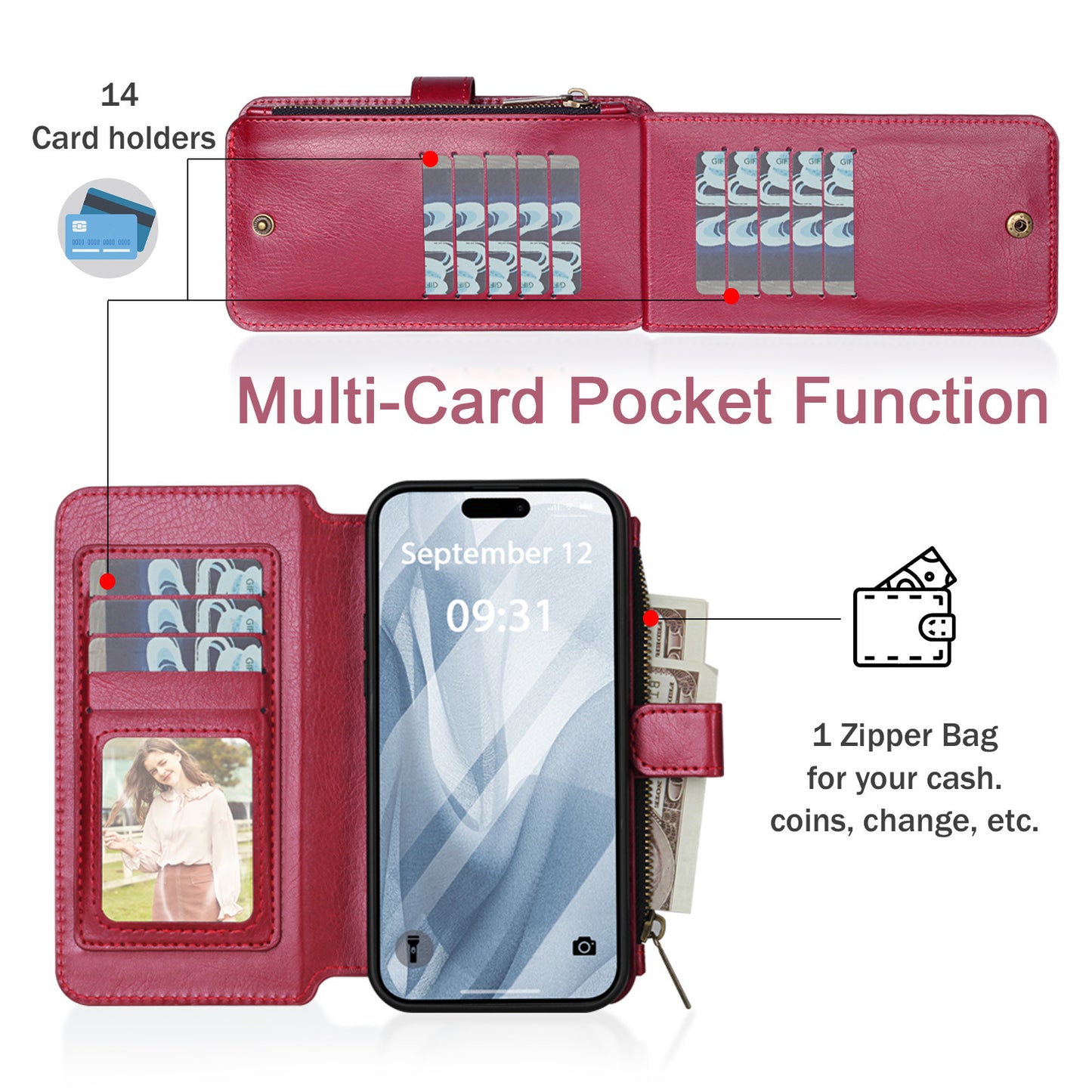 IPhone15 Pro multifunctional wallet leather case IP15 phone case detachable magnetic protective case