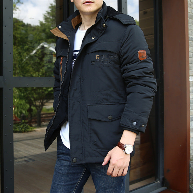 Winter men's thick cotton jacket with added fleece medium to long length warm plus large size multi pocket cotton jacket