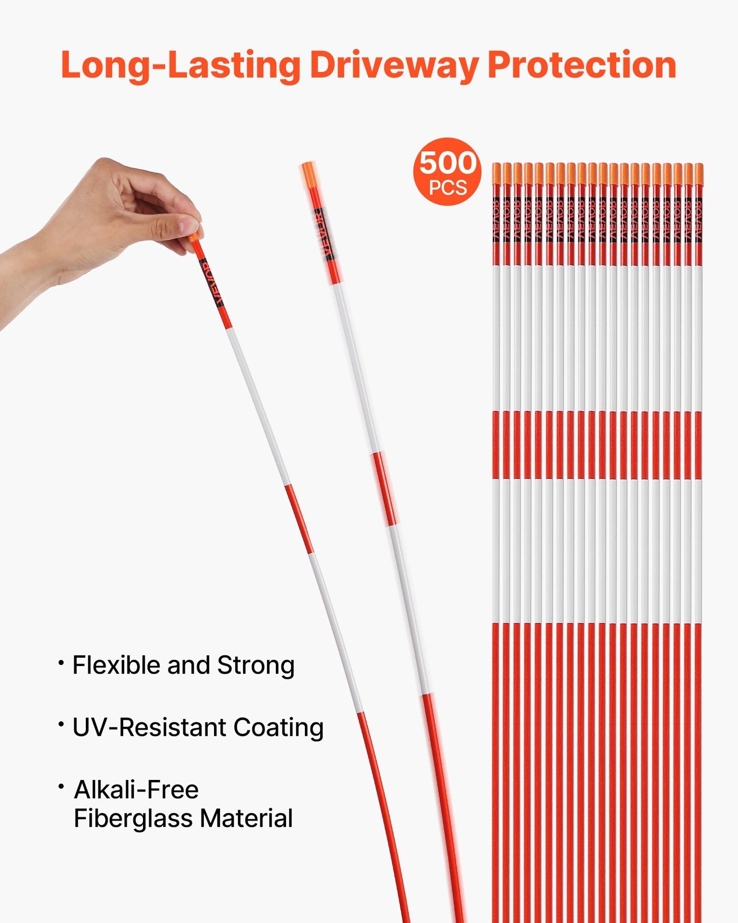 Driveway Markers, 500Pcs 48 in Long 1/4 in Dia, Hi-Visibility Driveway Reflectors with 12 in Steel Drill Bits, Reflective Snow Sticks Fiberglass Pole for Parking Lots, Walkways, Snow Plowing - American Smart