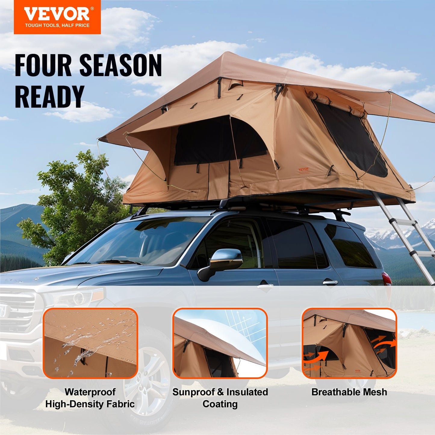 Rooftop Tent Hard Shell, Naturnest Rooftop Tent Hardshell for 2-3 Person, Folding Hard Shell Roof Top Tent with Telescopic Ladder Mattress PVC Cover Bag, Waterproof for Jeep SUV Van Pickup Truck