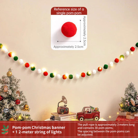 Handmade Pull String Flag Banner, LED String Lights, Christmas Holiday Background Decor