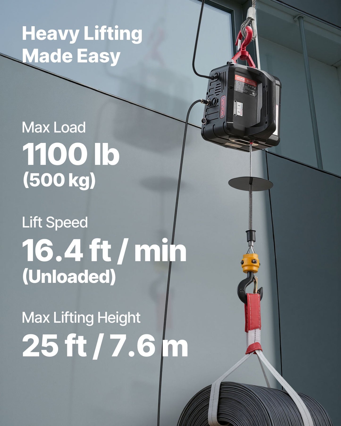 2-in-1 Electric Hoist Winch, 1100 lbs Capacity, 1500W Portable Power Winch Crane, 25 ft Lifting Height, 16.4 ft/min with Manual and Wired Remote Control for Factory, Warehouss, Garage