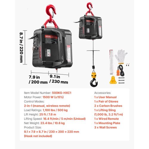 2-in-1 Electric Hoist Winch, 1100 lbs Capacity, 1500W Portable Power Winch Crane, 25 ft Lifting Height, 16.4 ft/min with Manual and Wired Remote Control for Factory, Warehouss, Garage