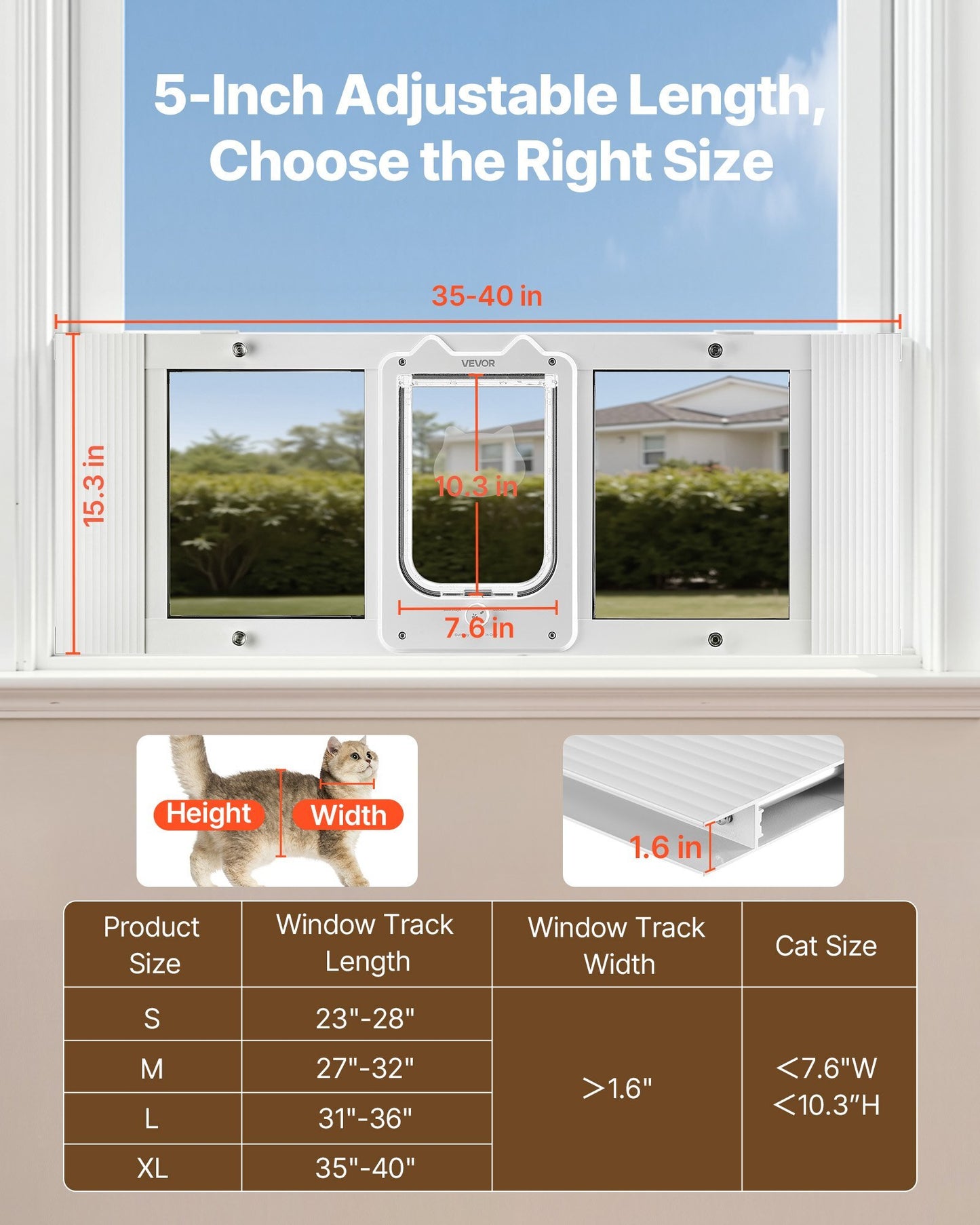 Cat Door for Window, Adjustable to Fit Window Width 35"-40", 4 Secure Lock Modes, Aluminum Frame and High-Transparency Glass, Magnetic Closure, Weatherproof Quick-Fit Pet Door for Cats, White