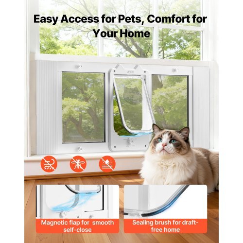 Cat Door for Window, Adjustable to Fit Window Width 35"-40", 4 Secure Lock Modes, Aluminum Frame and High-Transparency Glass, Magnetic Closure, Weatherproof Quick-Fit Pet Door for Cats, White