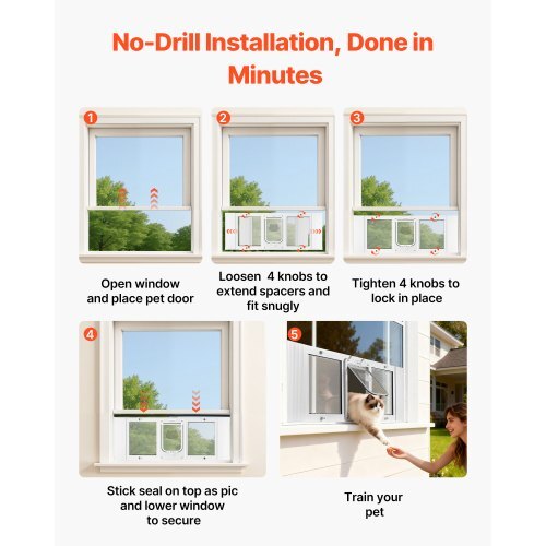 Cat Door for Window, Adjustable to Fit Window Width 35"-40", 4 Secure Lock Modes, Aluminum Frame and High-Transparency Glass, Magnetic Closure, Weatherproof Quick-Fit Pet Door for Cats, White