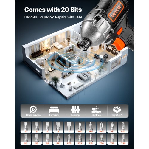 Impact Driver, 1/4 Inch, 2800 RPM Max Speed, 20 V Brushless Motor, Electric Cordless Impact Driver Kit with Battery and Charger, 20 Bits, LED Work Light, for Furniture, Electrical, Home Repairs - American Smart