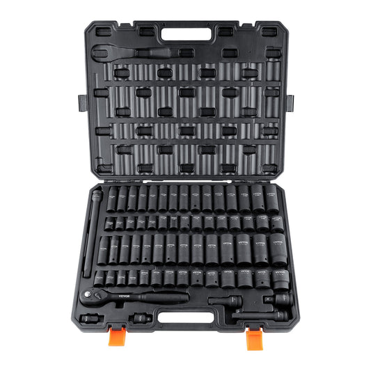 Vevor 65-piece 1/2" drive impact socket set with SAE and metric sockets in a storage case, made of Cr-V alloy steel for auto repair.