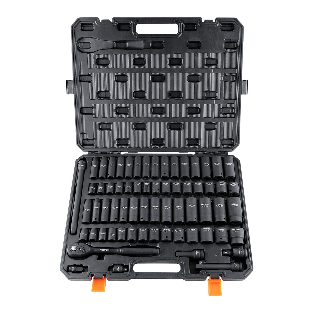 Vevor 65-piece 1/2" drive impact socket set with SAE and metric sockets, Cr-V steel, storage case, auto repair tool kit.