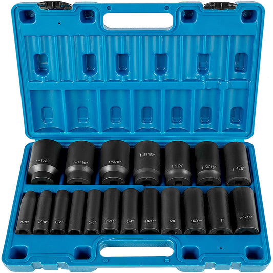 Impact Socket Set, 1/2" 19 Piece Impact Sockets, Deep Socket, 6-Point Sockets, 1/2 Inches Drive Socket Set Impact 3/8 inch - 1-1/2 inch, Cr-V Rugged Construction, with a Storage Cage