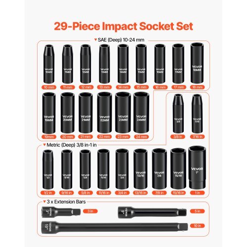 1/2 in Drive Impact Socket Set, 29 Piece, 6 Point Deep Impact Sockets, SAE (3/8 to 1 inch) and Metric (10 to 24 mm) Sizes with Extension Bars (3, 5, 10 in), Cr-V Steel, Heavy Duty Carrying Case - American Smart