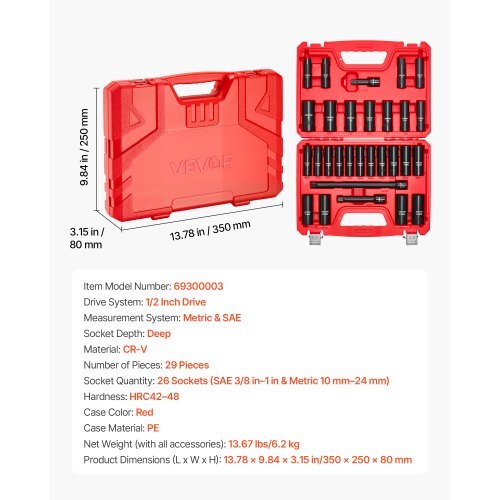 1/2 in Drive Impact Socket Set, 29 Piece, 6 Point Deep Impact Sockets, SAE (3/8 to 1 inch) and Metric (10 to 24 mm) Sizes with Extension Bars (3, 5, 10 in), Cr-V Steel, Heavy Duty Carrying Case - American Smart