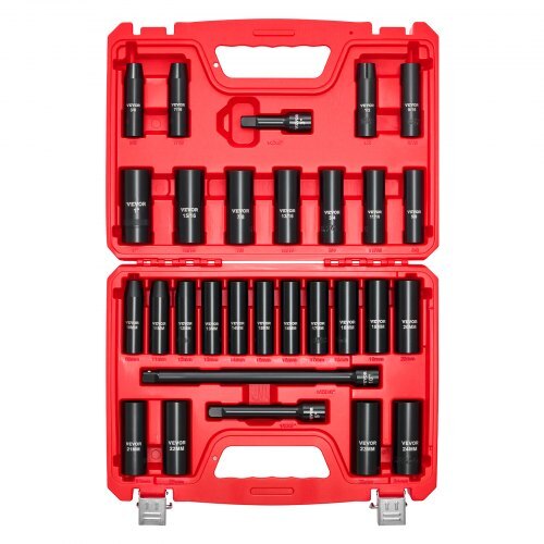 1/2 in Drive Impact Socket Set, 29 Piece, 6 Point Deep Impact Sockets, SAE (3/8 to 1 inch) and Metric (10 to 24 mm) Sizes with Extension Bars (3, 5, 10 in), Cr-V Steel, Heavy Duty Carrying Case - American Smart