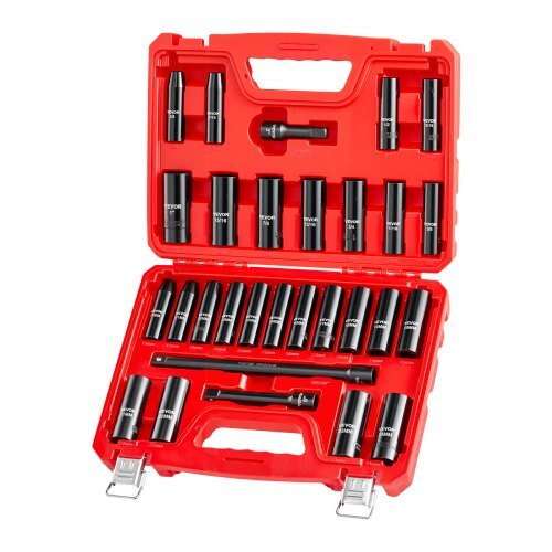 1/2 in Drive Impact Socket Set, 29 Piece, 6 Point Deep Impact Sockets, SAE (3/8 to 1 inch) and Metric (10 to 24 mm) Sizes with Extension Bars (3, 5, 10 in), Cr-V Steel, Heavy Duty Carrying Case - American Smart