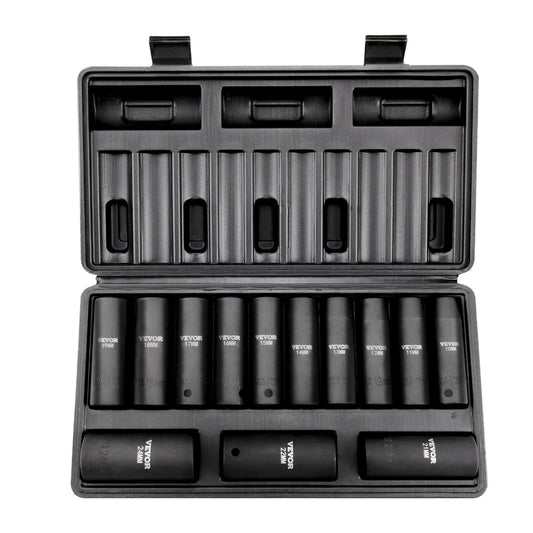 1/2" Drive Impact Socket Set, 13 Piece Deep Socket Set Metric 10-24mm, 6 Point CR-V Alloy Steel for Auto Repair, Easy-to-Read Size Markings, Rugged Construction, Includes Storage Case