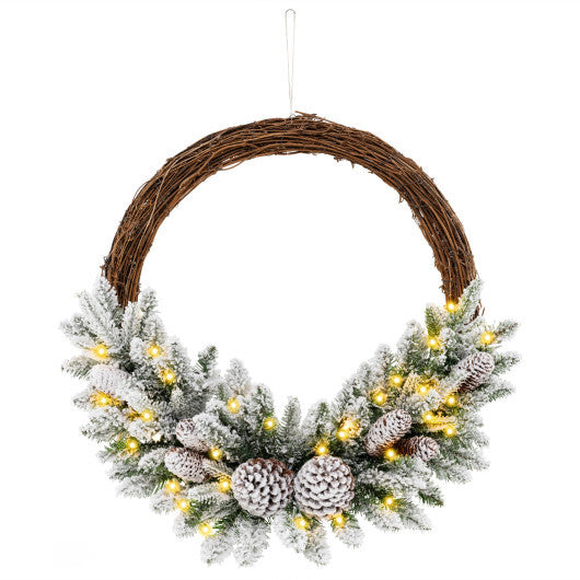 Pre-lit Snow Flocked Artificial Christmas Wreath with 8 Pine Cones and 35 LED Lights - Color: Multicolor