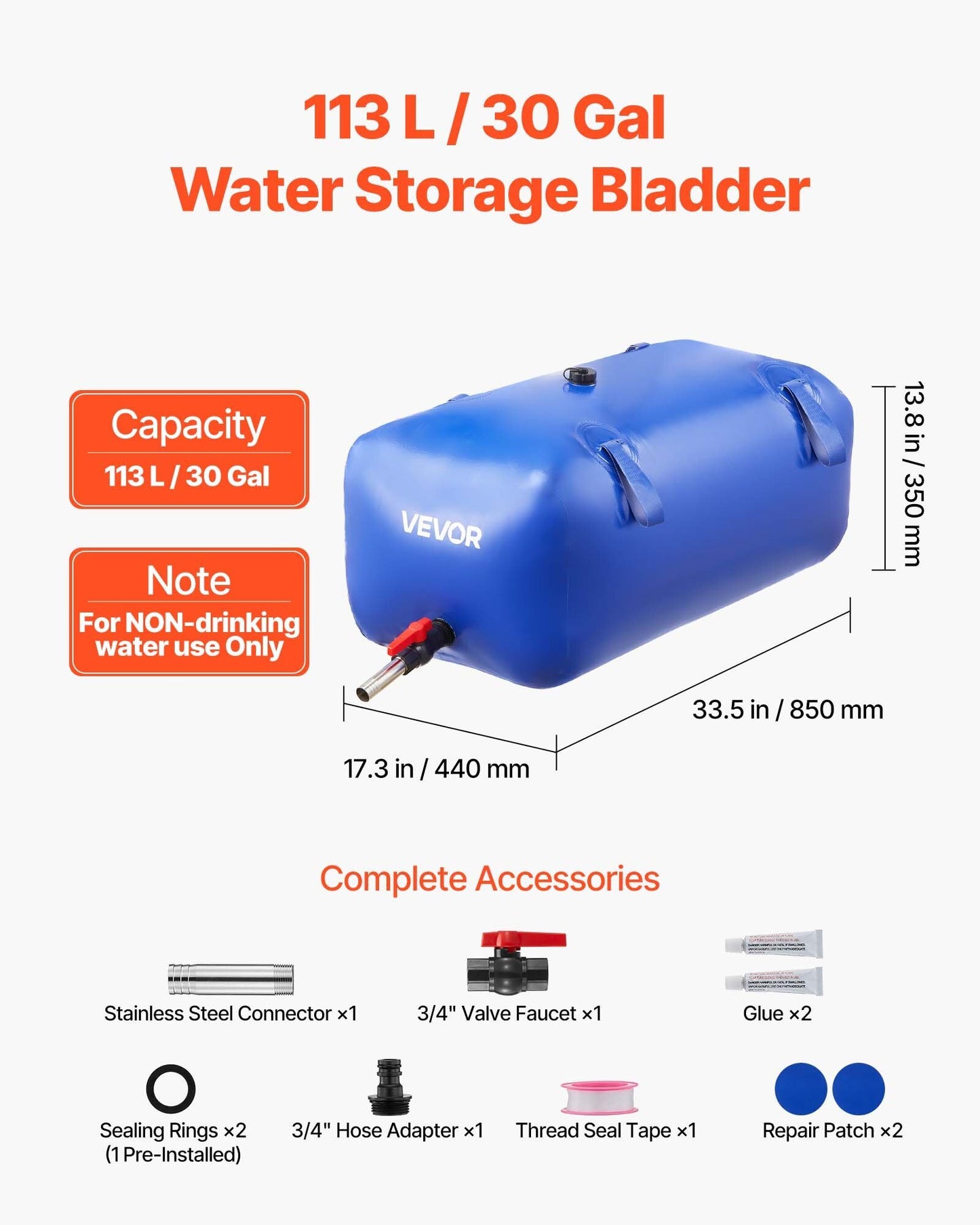Water Storage Bladder 30 Gallon Large Capacity Water Bag, Portable & Collapsible Soft Waters Container, Leakproof & Tear-Resistant PVC Emergency Waters Storage Tank for RV Truck & Outdoor Use
