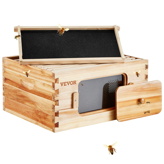 Bee Hive Deep Box Starter Kit, 100% Beeswax Coated Natural Fir Wood, Langstroth Beehive Kit with 10 Frames and Foundations, Transparent Acrylic Bee Windows for Beginners and Pro Beekeepers - American Smart